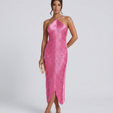 Renata | Halter Gown With Fringe Detail And Open Back