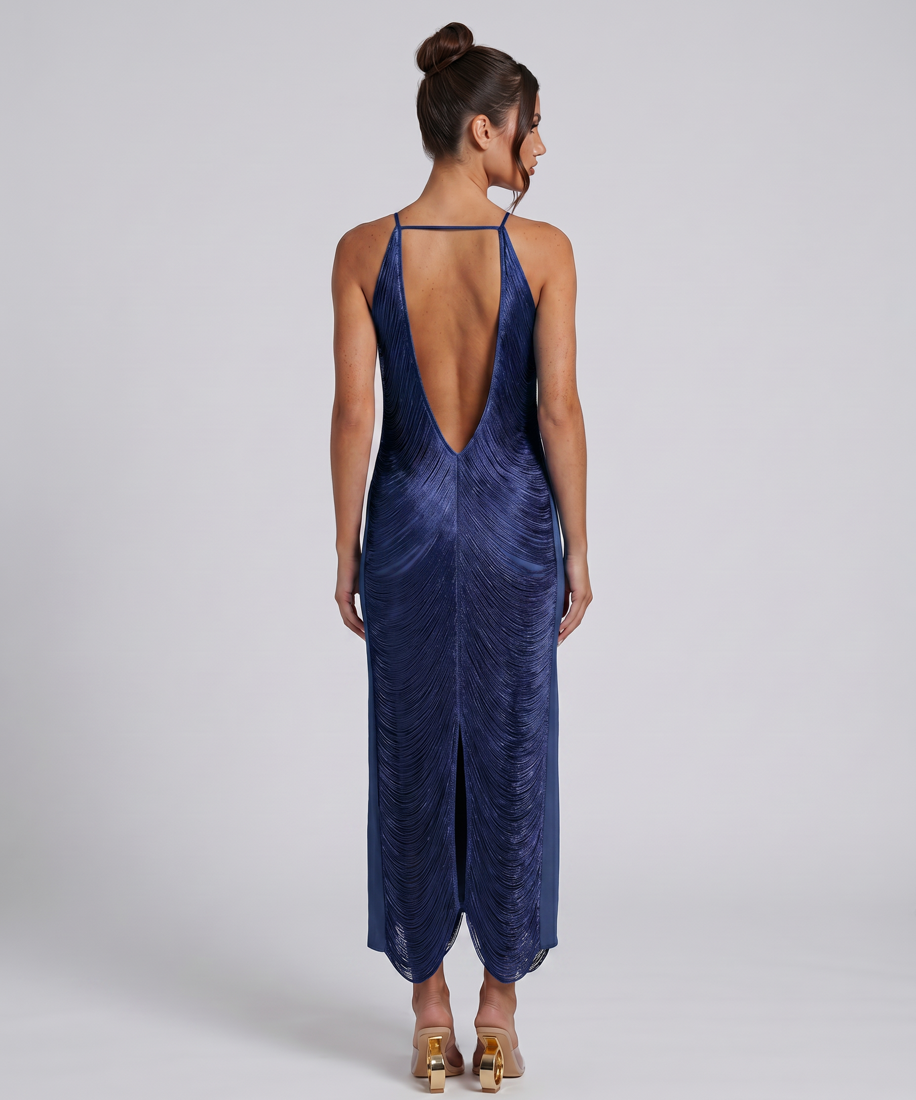 Renata | Halter Gown With Fringe Detail And Open Back